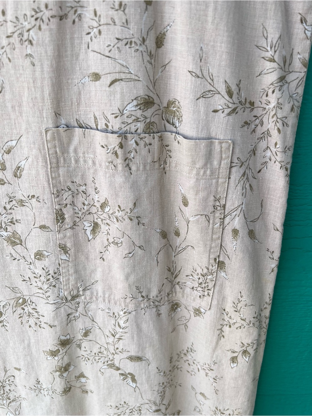 Vintage Linen Blend Apron Jumper Maxi Dress Flax & Moss Floral Print Large - Picture 4 of 7
